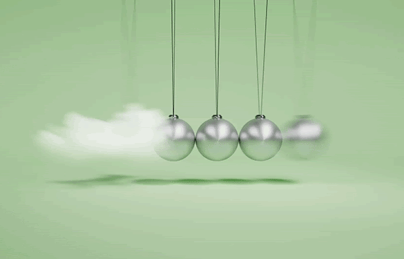 A Newton’s Cradle with four silver spheres against a pale green background. A small cloud swings to the left, in place of the fifth sphere.