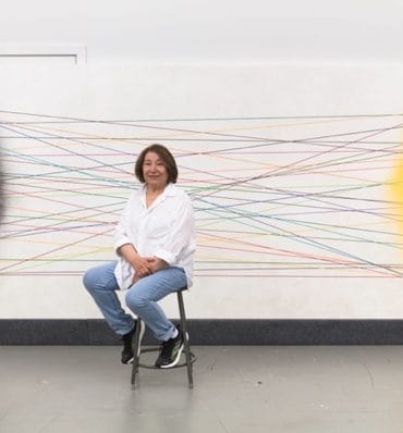 Virginia Jaramillo in her studio in front of Quanta, 2021 © Virginia Jaramillo, Hales Gallery, and Pace Gallery. Photo by JSP Art Photography