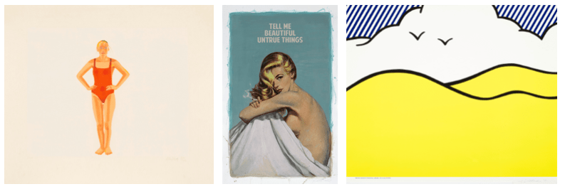 [L-R] Swimmer by Alex Katz, estimated at $7,000 – 10,000, Tell Me Beautiful Untrue Things by The Connor Brothers, estimated at $5,000 – 7,000, and Guild Hall East Hampton by Roy Lichtenstein, estimated at $5,000 – 7,000. 