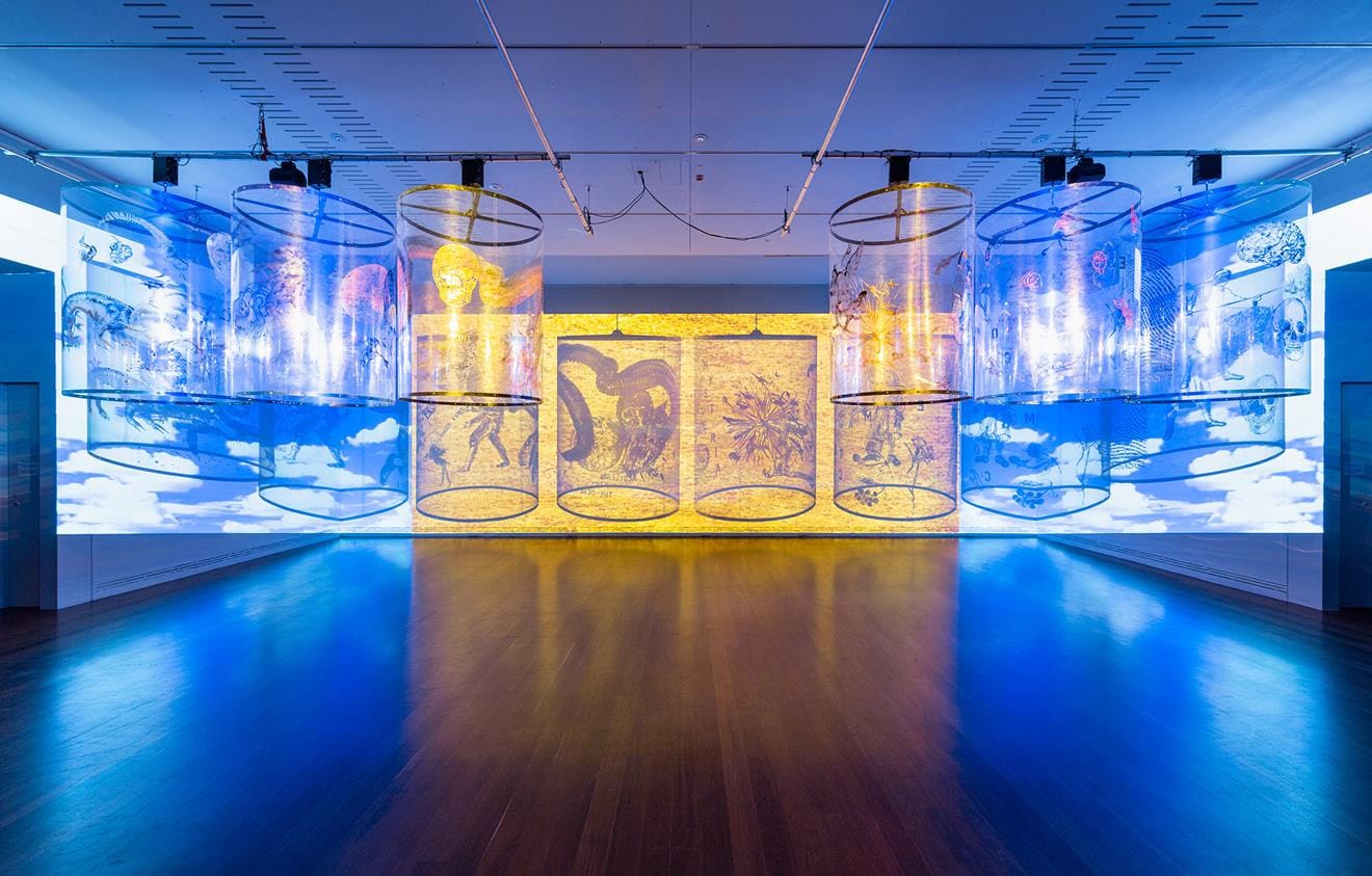 Installation view: Nalini Malani: Gamepieces, featuring Gamepieces by Nalini Malani, Art Gallery of South Australia, Adelaide, photo: Saul Steed.
