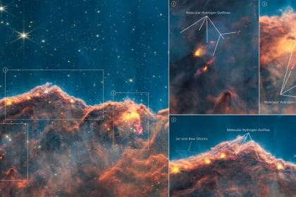 Decenas de chorros y flujos de estrellas jóvenes previamente ocultos se revelan en esta nueva imagen de los precipicios cósmicos obtenida por la cámara de infrarrojo cercano del telescopio espacial James Webb de la NASA. Credits: NASA, ESA, CSA y STScI. Procesamiento de Imágenes: J. DePasquale (STScI)