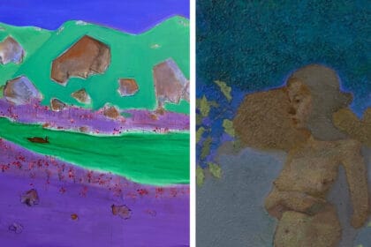 左 Left / 鄭在東CHENG TSAI-TUNG (b.1953),《桃花源記》Peach Blossom Spring, 2021, Acrylic on Canvas, 180 x 220 cm 右 Right / 陳恆CHEN HENG (b.1962),《天地人合之三》The Unity of Man and Nature No. 3, 2021-2022, Oil on Canvas, 160 x 85 cm 圖檔由藝術家及漢雅軒提供Image Courtesy of the Artist and Hanart TZ Gallery