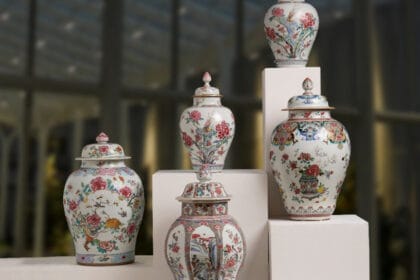 A selection of pairs of magnificent, large famille rose jars and covers, Qianlong period. Estimates range between US$20,000 – 30,000 and US$60,000 – 80,000.