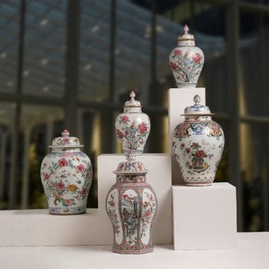 A selection of pairs of magnificent, large famille rose jars and covers, Qianlong period. Estimates range between US$20,000 – 30,000 and US$60,000 – 80,000.