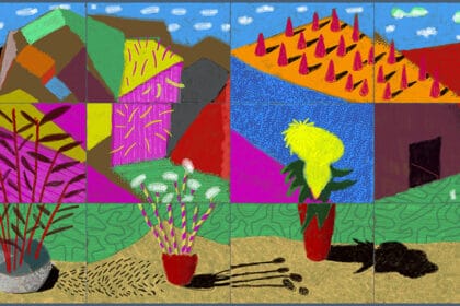 David Hockney, August 2021, Landscape with Shadows, Twelve iPad paintings comprising a single work, printed on paper, mounted on Dibond Edition of 25, 108.2 x 205 cm (42.5 x 80.75 Inches) © David Hockney