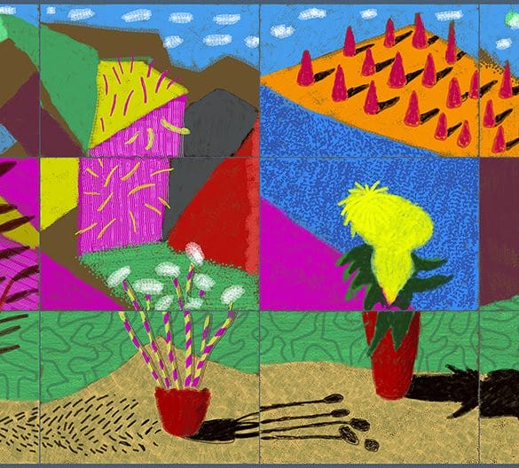 David Hockney, August 2021, Landscape with Shadows, Twelve iPad paintings comprising a single work, printed on paper, mounted on Dibond Edition of 25, 108.2 x 205 cm (42.5 x 80.75 Inches) © David Hockney