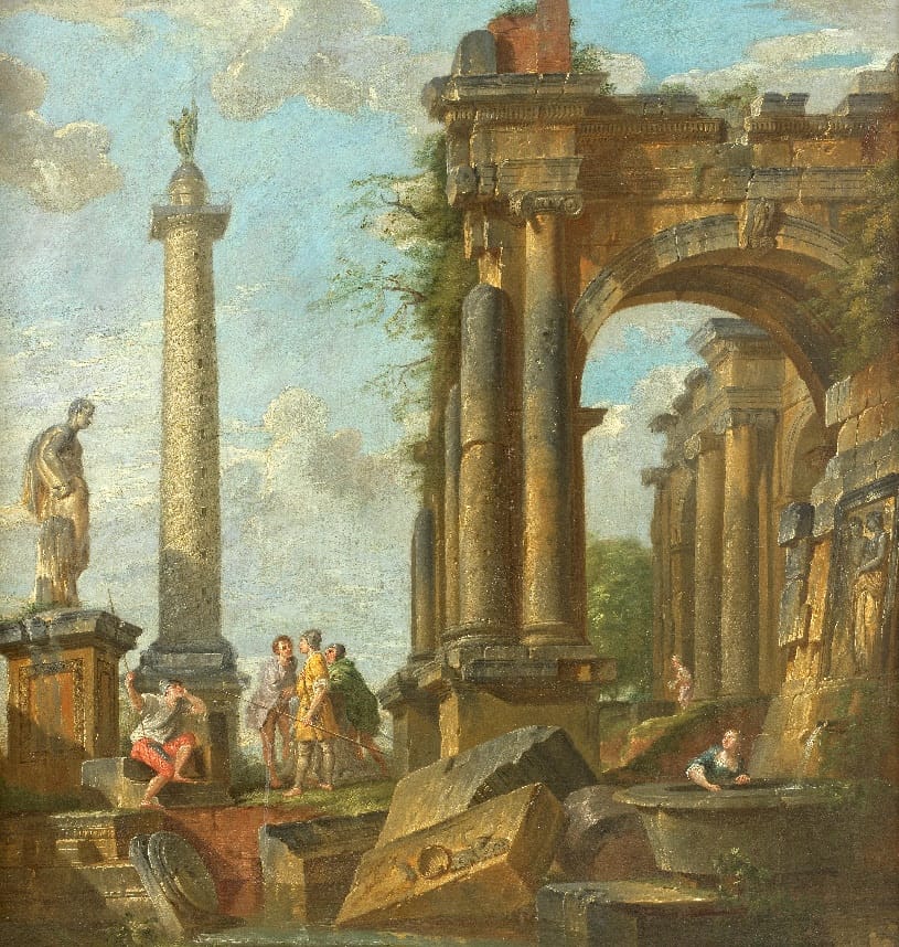 Soldiers standing before ruins and a young woman at a well by circle of Paolo Panini (Italian 1690-1765). Estimate: £6,000-8,000.