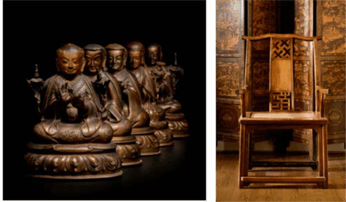 Ensemble de statuettes en bronze représentant les cinq patriarches de la tradition Sakya du bouddhisme tibétain, vendus 2.9 millions $, et un fauteuil un fauteuil à dossier Huanghuali ‘Wannian Taiping’, guanmaoyi, vendu 1.9 million $.