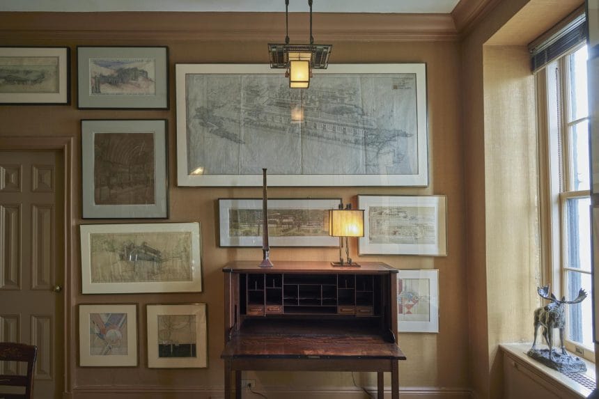From top to bottom: Frank Lloyd Wright’s Ceiling Light from the Francis W. Little House; Architectural renderings by Frank Lloyd Wright; Greene & Greene Fall Front Desk and Chair from the Charles Millard Pratt House