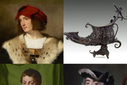 Clockwise from top left: Titian (1488–1576), Portrait of a Man in a Red Hat, 1510s, oil on canvas, 32 1/4 × 28 × 3/4 in.; Riccio (1470–1532), Lamp, ca. 1516–24, bronze, h. 6 5/8 in.; Rosalba Carriera (1673–1757), Portrait of a Man in Pilgrim’s Costume, ca. 1730, pastel on paper, laid down on canvas, 23 1/4 × 18 7/8 in.; Agnolo Bronzino (1503–1572), Lodovico Capponi, ca. 1550–55, oil on poplar panel, 45 7/8 x 33 3/4 in. All objects are from The Frick Collection, New York; photographs by Joseph Coscia Jr.