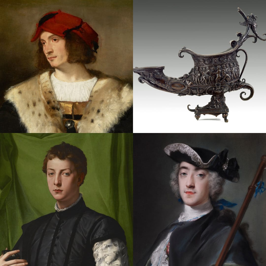 Clockwise from top left: Titian (1488–1576), Portrait of a Man in a Red Hat, 1510s, oil on canvas, 32 1/4 × 28 × 3/4 in.; Riccio (1470–1532), Lamp, ca. 1516–24, bronze, h. 6 5/8 in.; Rosalba Carriera (1673–1757), Portrait of a Man in Pilgrim’s Costume, ca. 1730, pastel on paper, laid down on canvas, 23 1/4 × 18 7/8 in.; Agnolo Bronzino (1503–1572), Lodovico Capponi, ca. 1550–55, oil on poplar panel, 45 7/8 x 33 3/4 in. All objects are from The Frick Collection, New York; photographs by Joseph Coscia Jr.