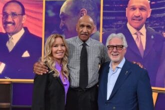 Controlling owner/President, Los Angeles Lakers, Jeanie Buss and Television Academy Chair Frank Scherma with Lakers sports broadcasting legend Stu Lantz after receiving the news that he’s the 75th Los Angeles Area Emmys Governors Award recipient at Spectrum News on Wednesday, June 14, 2023, in El Segundo, California. (Photo by Jordan Strauss/Invision for the Television Academy/AP Images)