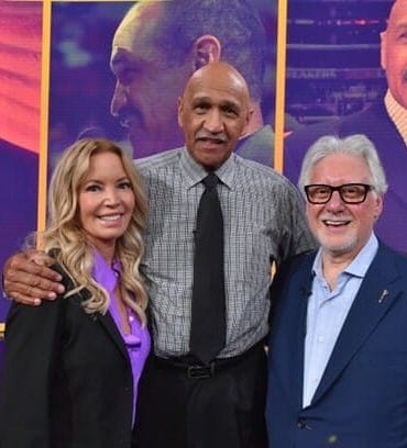 Controlling owner/President, Los Angeles Lakers, Jeanie Buss and Television Academy Chair Frank Scherma with Lakers sports broadcasting legend Stu Lantz after receiving the news that he’s the 75th Los Angeles Area Emmys Governors Award recipient at Spectrum News on Wednesday, June 14, 2023, in El Segundo, California. (Photo by Jordan Strauss/Invision for the Television Academy/AP Images)