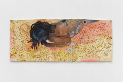 a hụrụ m gị n'anya (i see you in my eye), 2023, watercolour, sumi ink, gouache and coffee on handmade cotton rag, 80 x 200 cm