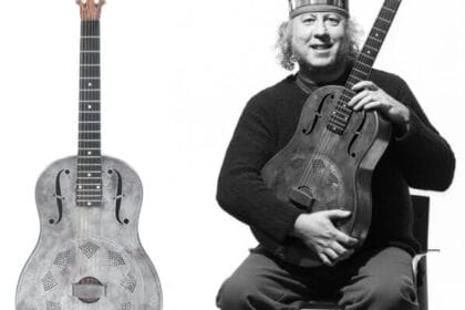 Left: A National Duolian Style-O Acoustic Guitar, 1931. Sold for £38,400. Right: Peter Green (Credit: Photographer Ross Halfin)