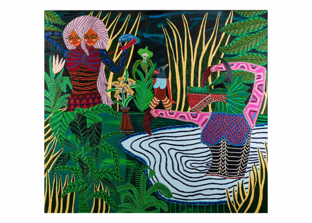 Jordy Kerwick,  Bather & Muse (2023), Oil, acrylic, and spray paint on canvas, 70 7/8 x 78 3/4 inches (180 x 200 cm), © Jordy Kerwick; Photo by Muriel Cavanhac; Courtesy the artist and Vito Schnabel Gallery