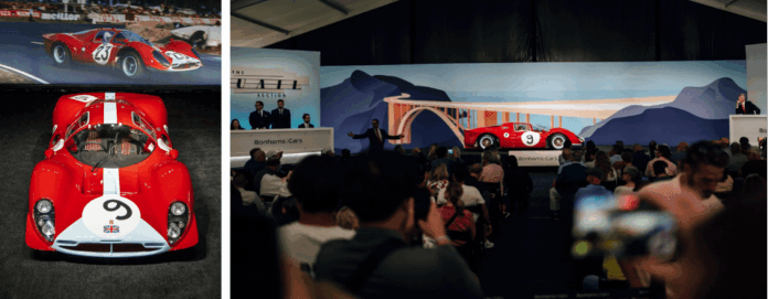 The live sale at Bonhams|Cars Quail Auction on August 18, featuring the 1967 Maranello Concessionaires’ Ferrari 412P, chassis 0854, which sold for $30.25 million.