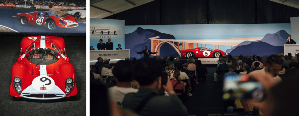 The live sale at Bonhams|Cars Quail Auction on August 18, featuring the 1967 Maranello Concessionaires’ Ferrari 412P, chassis 0854, which sold for $30.25 million.