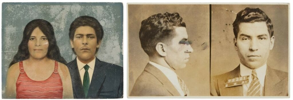 From left to right: Photographer Unknown, Selected Retratos Pintados, Brazil (Painted Portraits), circa 1950; Photographer Unknown, Mugshot of Infamous Mobster Charles "Lucky" Luciano, 1931