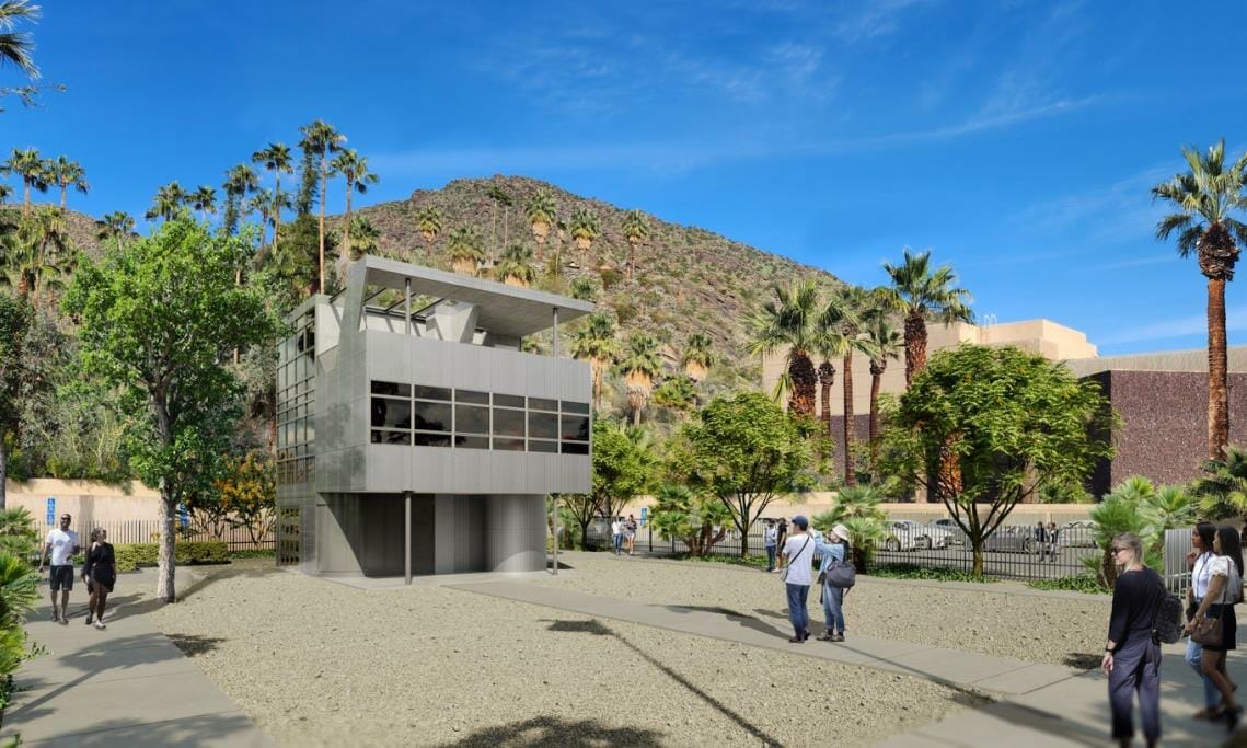 Caption: Aluminaire House™ on-site at Palm Springs Art Museum, 2023. Rendering by Claudia Cengher