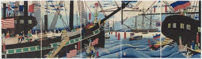 Utagawa Sadahide (1807–1873), Publisher: Yamaguchiya Tōbei (Kinkōdō) (active ca. 1843–47) Picture of Western Traders at Yokohama Transporting Merchandise (Yokohama kōeki seiyōjin nimotsu unsō no zu) 1861 (Man’en 2/ Bunkyū 1), 4th month Woodblock print (nishiki-e); ink and color on paper, Vertical ōban pentaptych Museum of Fine Arts, Boston, Edward S. Morse Memorial Fund, Frank B. Bemis Fund, and John Ware Willard Fund, 2021.110a–e