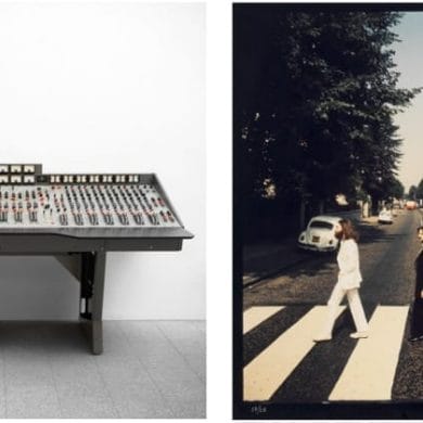 Left: The EMI TG12345 Mk I Recording Console Used By The Beatles at Abbey Road Studios to Record Their Groundbreaking Album 'Abbey Road' Estimate on request. Right: Iain Macmillan (British, 1938-2006) One of Two prints of The Beatles on Abbey Road, 1969. Estimate: £18,000 - 20,000.