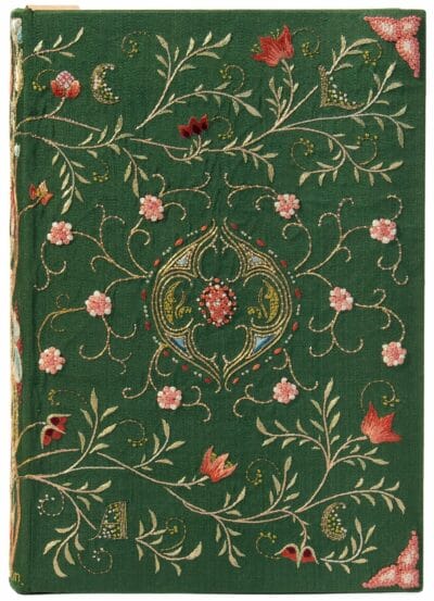 An embroidered binding by May Morris, ca. 1888. On: Ernest Lefébure (1835–1913). Embroidery and Lace: Their Manufacture and History, from the Remotest Antiquity to the Present Day. Trans. Alan S. Cole (1846–1934). London: H. Grevel, 1888. 8vo. 202 x 142 x 30 mm.