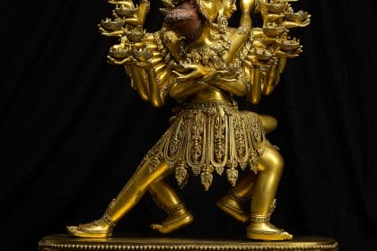 A monumental gilt-bronze figure of Kapaladhara Hevajra, Early Ming Dynasty, Overall Height: 66 cm. (26 in.), Est. $3,000,000- $5,000,000