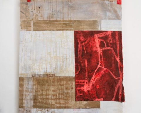 Salt the Pleasure, 2024. Acrylic, mica, foam rubber, brass, thread, and cloth on canvas, dimensions: 65 x 54 inches