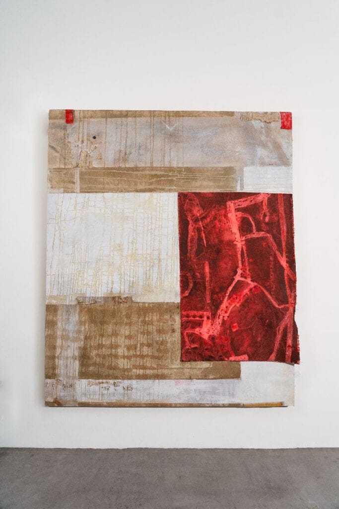 Salt the Pleasure, 2024. Acrylic, mica, foam rubber, brass, thread, and cloth on canvas, dimensions: 65 x 54 inches