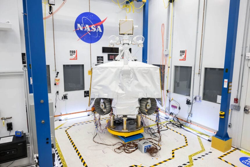 NASA’s VIPER robotic Moon rover is seen here in a clean room at NASA’s Johnson Space Center in Houston. NASA/Helen Arase Vargas